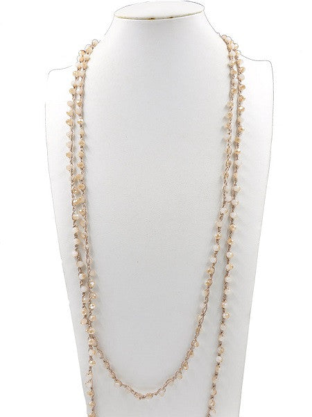 Natural Color Crystal Beaded Long Necklace with Braided Silver Fabric