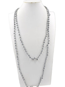 Gun Metal Silver Beaded Long Necklace with Braided Silver Fabric