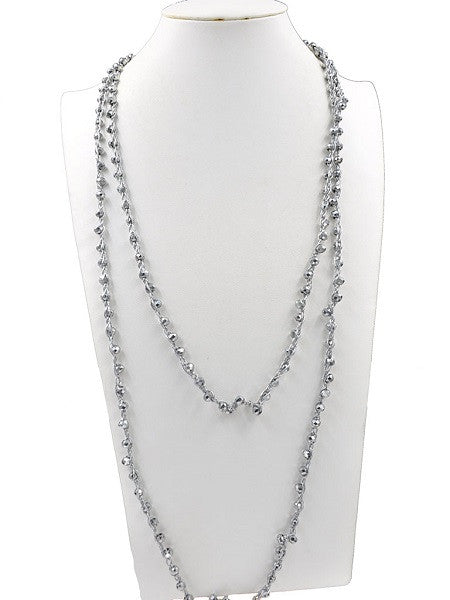 Gun Metal Silver Beaded Long Necklace with Braided Silver Fabric