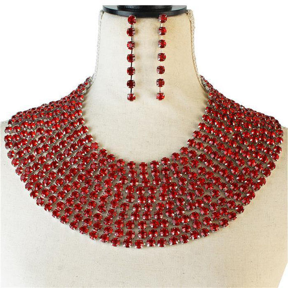 GOLD AND RED Multi Layer Rhinestone Bib Style Statement Necklace Set ( 3001 GDRED ) - Ohmyjewelry.com