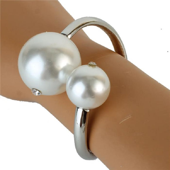 Silver Hinged Bangle with 2 White Pearl Balls Fashion Bracelet ( 2214 RDWHT )
