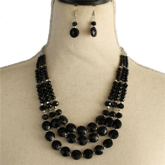 3 Layer Black Beaded Crystal Necklace with Earrings on Silver Hardware ( 3016 )