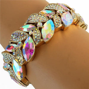 GOLD STRETCH BRACELET AB COLOR STONES FLORAL PATTERN ( 0105 2X )