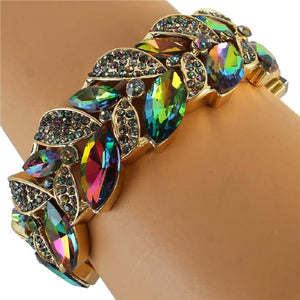 GOLD STRETCH BRACELET VITRAIL OIL SPILL COLOR STONES FLORAL PATTERN ( 0105 2GX )