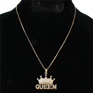 Gold Clear CZ Cubic Zirconia Charm Crown "QUEEN" Necklace ( 0024 GCL ) - Ohmyjewelry.com