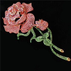 5.5" Long GOLD PINK GREEN Rhinestone Rose Brooch ( 1327 ) - Ohmyjewelry.com