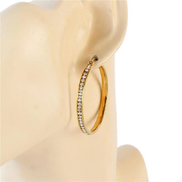 GOLD CLEAR RHINESTONES STAINLESS STEEL HOOP EARRINGS ( 559-50 ) - Ohmyjewelry.com
