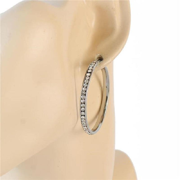 SILVER CLEAR RHINESTONES STAINLESS STEEL HOOP EARRINGS ( 559-50 ) - Ohmyjewelry.com