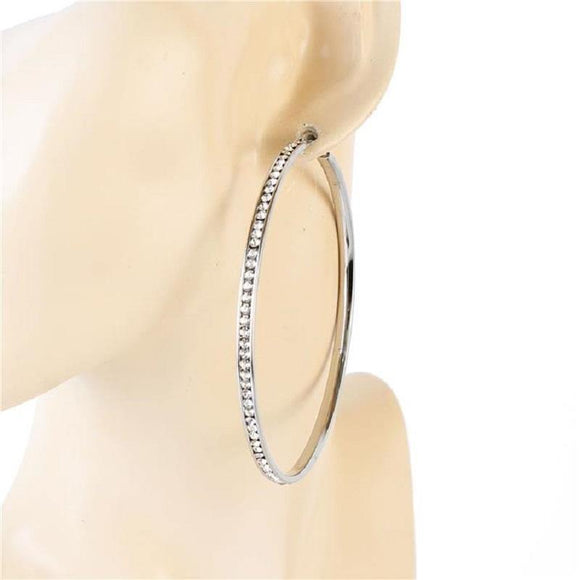 SILVER CLEAR RHINESTONES STAINLESS STEEL HOOP EARRINGS ( 559-60 ) - Ohmyjewelry.com