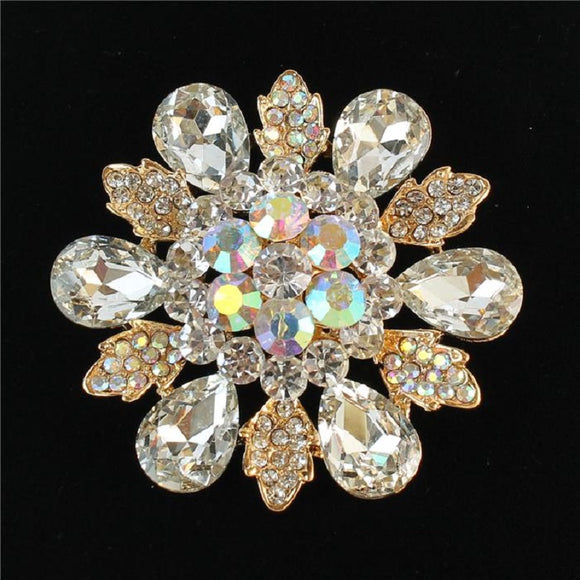 GOLD FLOWER BROOCH WITH CLEAR AND AB STONES ( 1189 GAB )