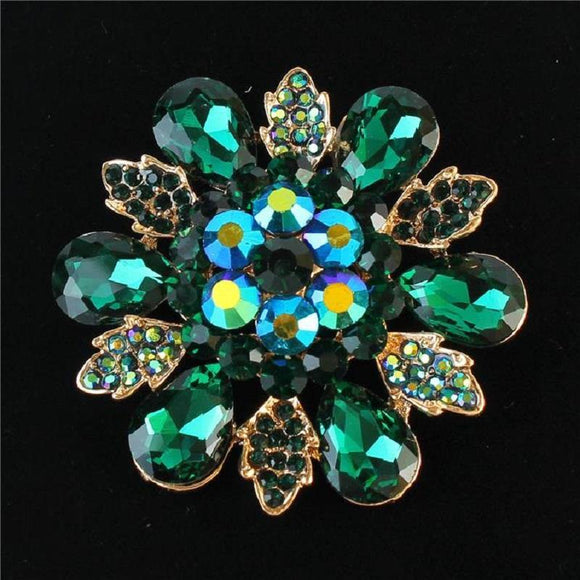 GOLD FLOWER BROOCH WITH GREEN STONES ( 1189 GGN ) - Ohmyjewelry.com