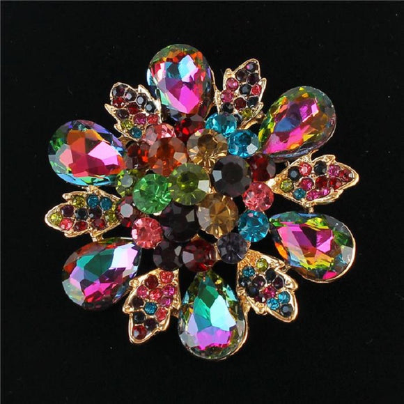 GOLD FLOWER BROOCH WITH MULTI COLOR STONES ( 1189 VM )
