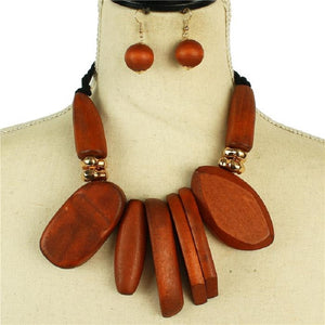 BROWN GOLD LEATHER WOOD NECKLACE SET ( 10204 GBR )