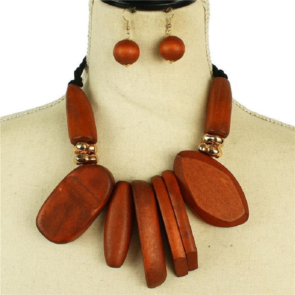 BROWN GOLD LEATHER WOOD NECKLACE SET ( 10204 GBR )