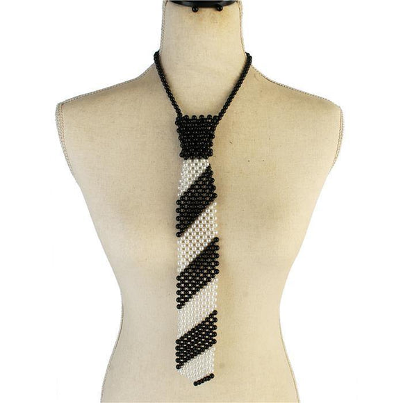 BLACK AND WHITE Pearl Tie Necklace with Matching Stud Earrings ( 132 ) - Ohmyjewelry.com