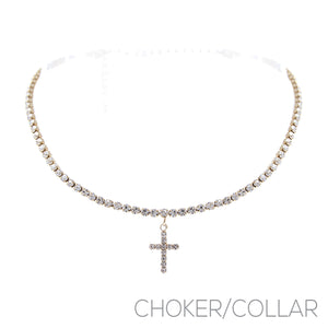 GOLD CHOKER NECKLACE CROSS CLEAR STONES ( 17744 CRG )