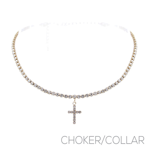 GOLD CHOKER NECKLACE CROSS CLEAR STONES ( 17744 CRG )