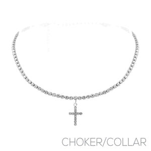 SILVER CHOKER NECKLACE CROSS CLEAR STONES ( 17744 CRS )