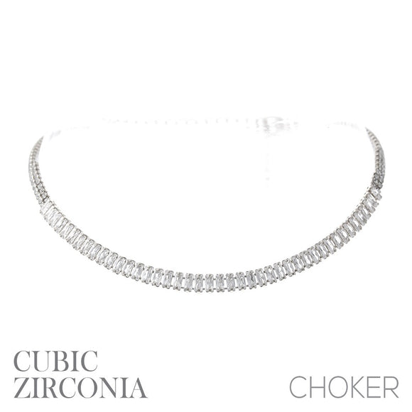 SILVER CHOKER NECKLACE CZ CUBIC ZIRCONIA STONES ( 17769 )