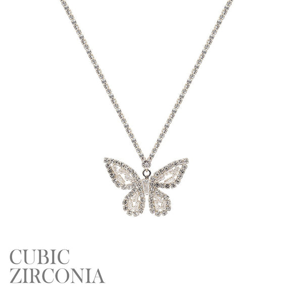 SILVER BUTTERFLY NECKLACE CLEAR CZ CUBIC ZIRCONIA STONES ( 17803 CRS )
