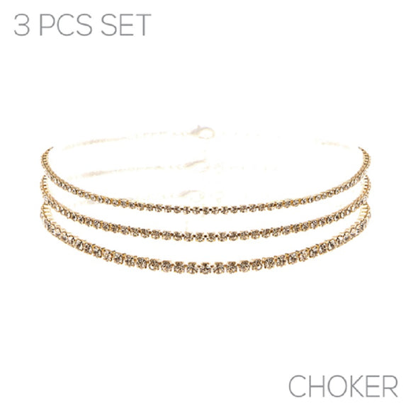 GOLD 3 PIECE CHOKER CLEAR STONES