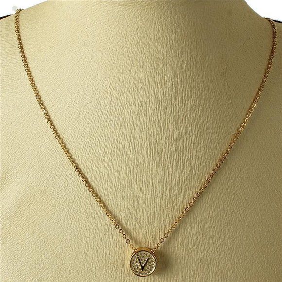 GOLD V NECKLACE STAINLESS STEEL CUBIC ZIRCONIA CZ CLEAR STONES ( 2031 VG ) - Ohmyjewelry.com
