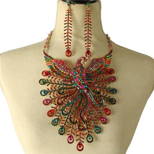 LARGE METAL PEACOCK NECKLACE SET MULTI COLOR STONES ( 001 ) - Ohmyjewelry.com