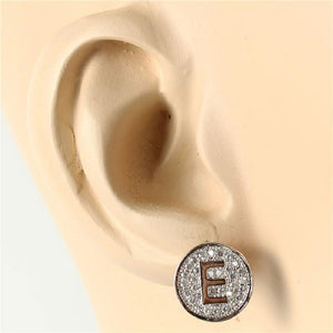 SILVER PAVE INITIAL E CLEAR STONES 10mm EARRINGS STAINLESS STEEL ( 2031 ES )