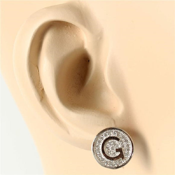 SILVER PAVE INITIAL G CLEAR STONES 10mm EARRINGS STAINLESS STEEL ( 2031 GS )