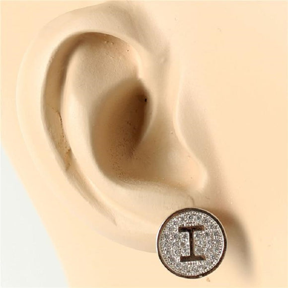 SILVER PAVE INITIAL I CLEAR STONES 10mm EARRINGS STAINLESS STEEL ( 2031 IS )