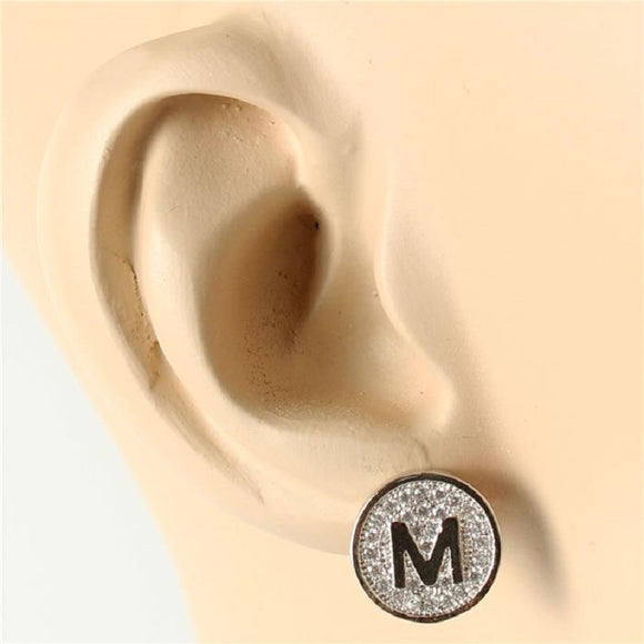 SILVER PAVE INITIAL M CLEAR STONES 10mm EARRINGS STAINLESS STEEL ( 2031 MS )
