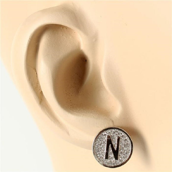 SILVER PAVE INITIAL N CLEAR STONES 10mm EARRINGS STAINLESS STEEL ( 2031 NS )