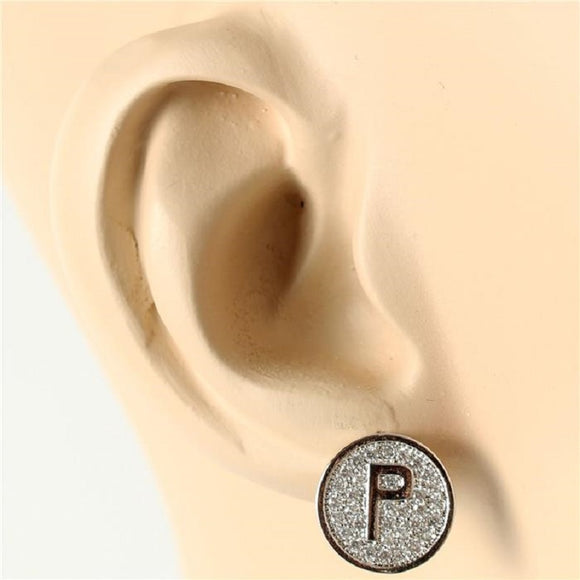 SILVER PAVE INITIAL P CLEAR STONES 10mm EARRINGS STAINLESS STEEL ( 2031 PS )