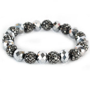 10MM RHINESTONE HEMATITE SILVER CRYSTAL BEADED STRETCH BRACELET ( 03 36 )