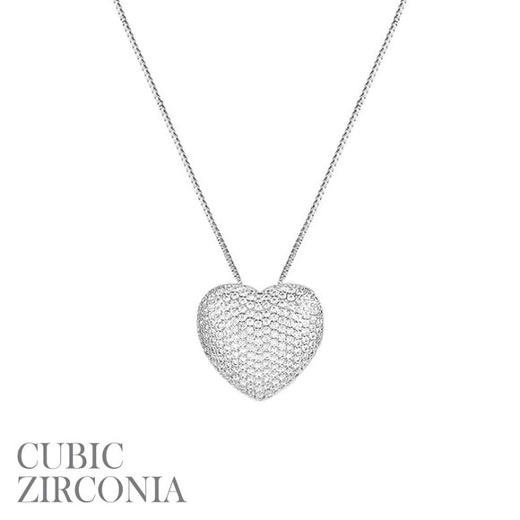 SILVER HEART NECKLACE CLEAR CZ CUBIC ZIRCONIA STONES ( 17993 VCRR )