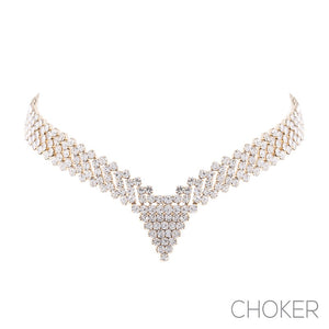 GOLD CHOKER NECKLACE CLEAR STONES ( 17998 CRG )