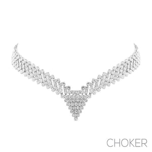 SILVER CHOKER NECKLACE CLEAR STONES ( 17998 CRS )