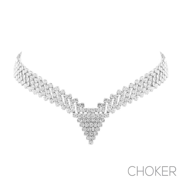 SILVER CHOKER NECKLACE CLEAR STONES ( 17998 CRS )