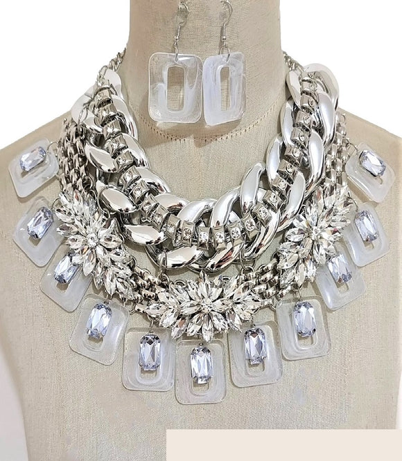 SILVER NECKLACE SET WHITE PEARLS CLEAR STONES ( 3517 RHWHTCL )