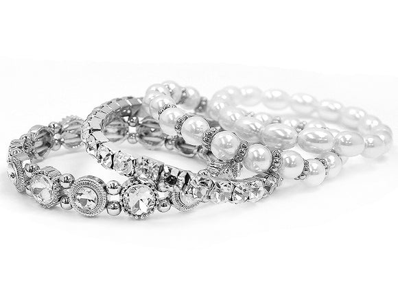 SILVER STRETCH BRACELET CLEAR STONES WHITE PEARLS ( 5329 RHWHP )