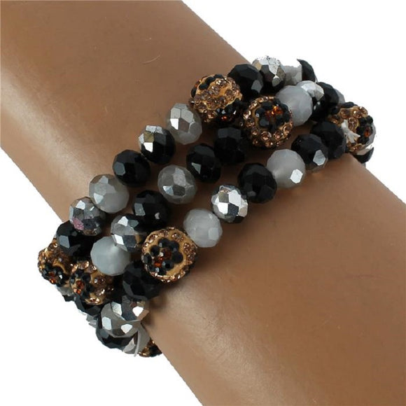 3 BLACK GREY SILVER LEOPARD PRINT STRETCH BRACELETS SHAMBALLA BALL FACETED ( 102 MT41 )