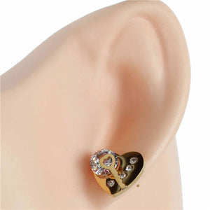 GOLD HEART KEY STUD EARRINGS CLEAR CUBIC ZIRCONIA CZ STONES