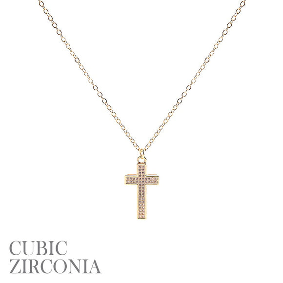 GOLD CROSS NECKLACE CLEAR CZ CUBIC ZIRCONIA STONES ( 18038 CRG )