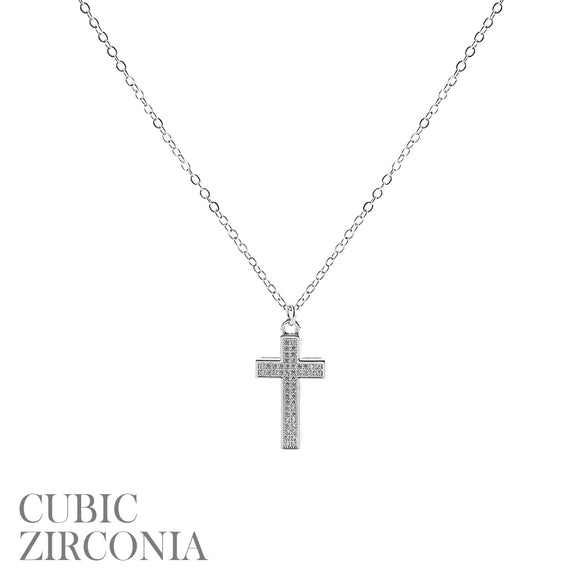 SILVER CROSS NECKLACE CLEAR CZ CUBIC ZIRCONIA STONES ( 18038 CRR )