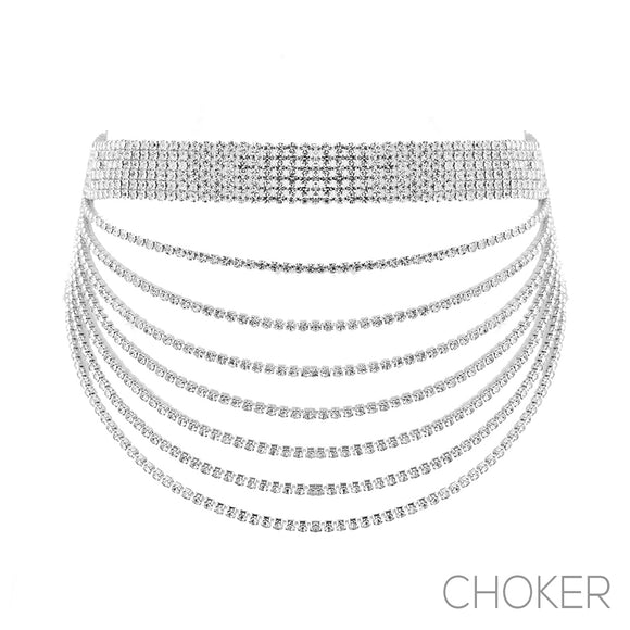 SILVER CHOKER NECKLACE CLEAR STONES ( 18091 CRS )