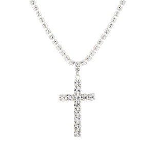 SILVER NECKLACE CROSS PENDANT CLEAR STONES ( 18096 CRS )