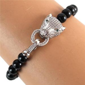 SILVER BLACK COLOR STRETCH BRACELET CAT HEAD CLEAR CZ CUBIC ZIRCONIA STONES ( 2032 SBK )