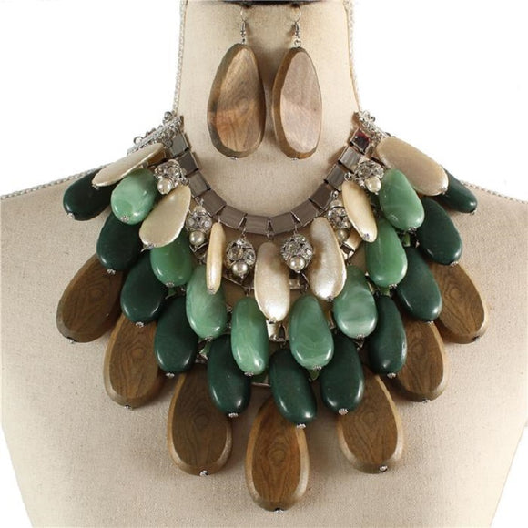 SILVER CHUNKY NECKLACE SET WOOD JADE ( 3408 RHJADE )