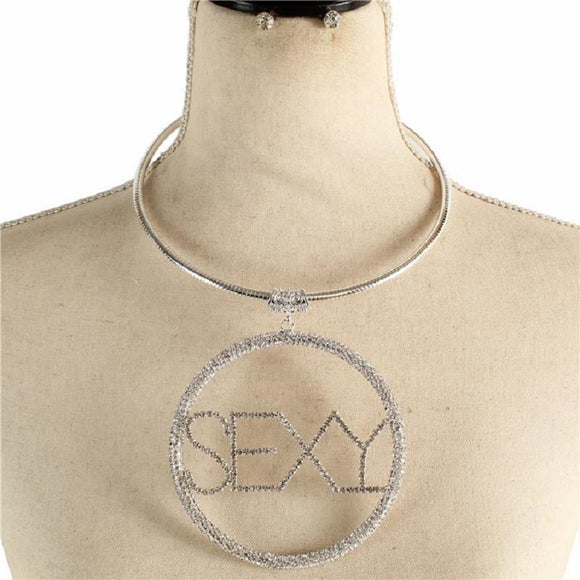 SILVER CHOKER CLEAR STONES NECKLACE SET SEXY