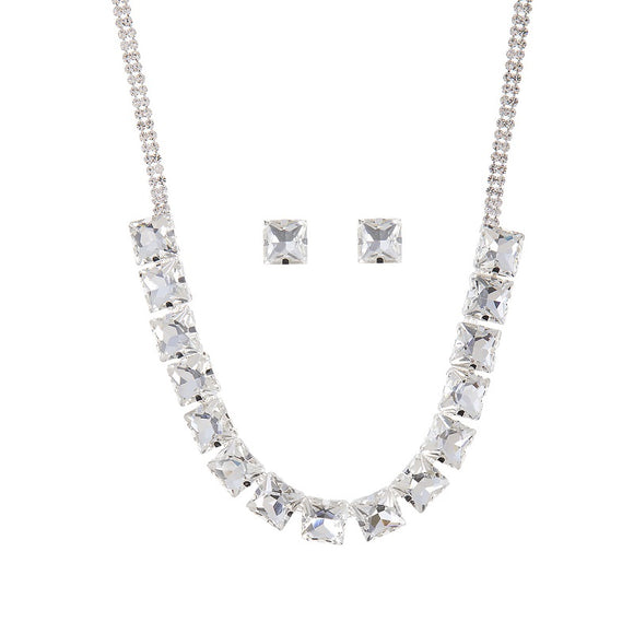 SILVER CLEAR SQUARE NECKLACE SET ( 18226 CRS )